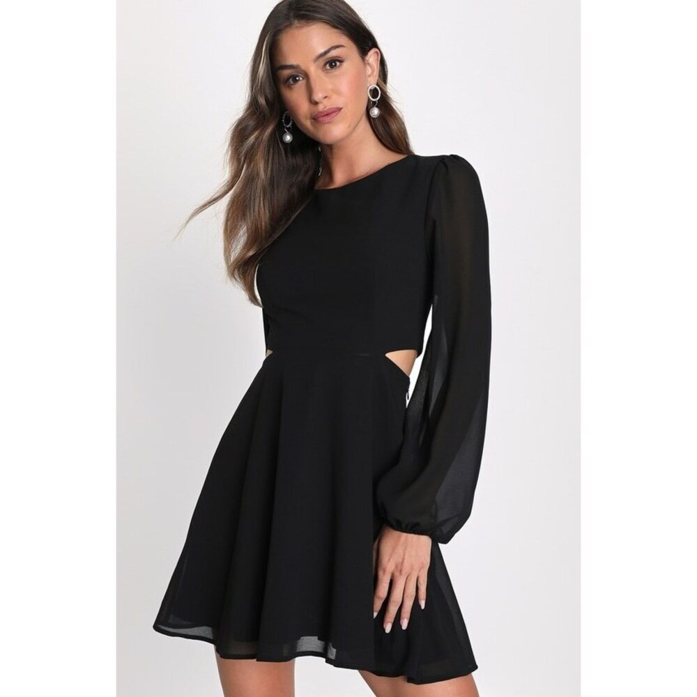 Lulus Garden Bliss Black Long Sleeve Cutout Mini Dress - Size XS